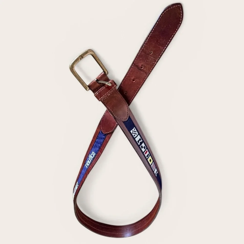 Leather Nautical Inlay Flag Belt Mens 40 Brown Brass Buckle Preppy Coastal Style